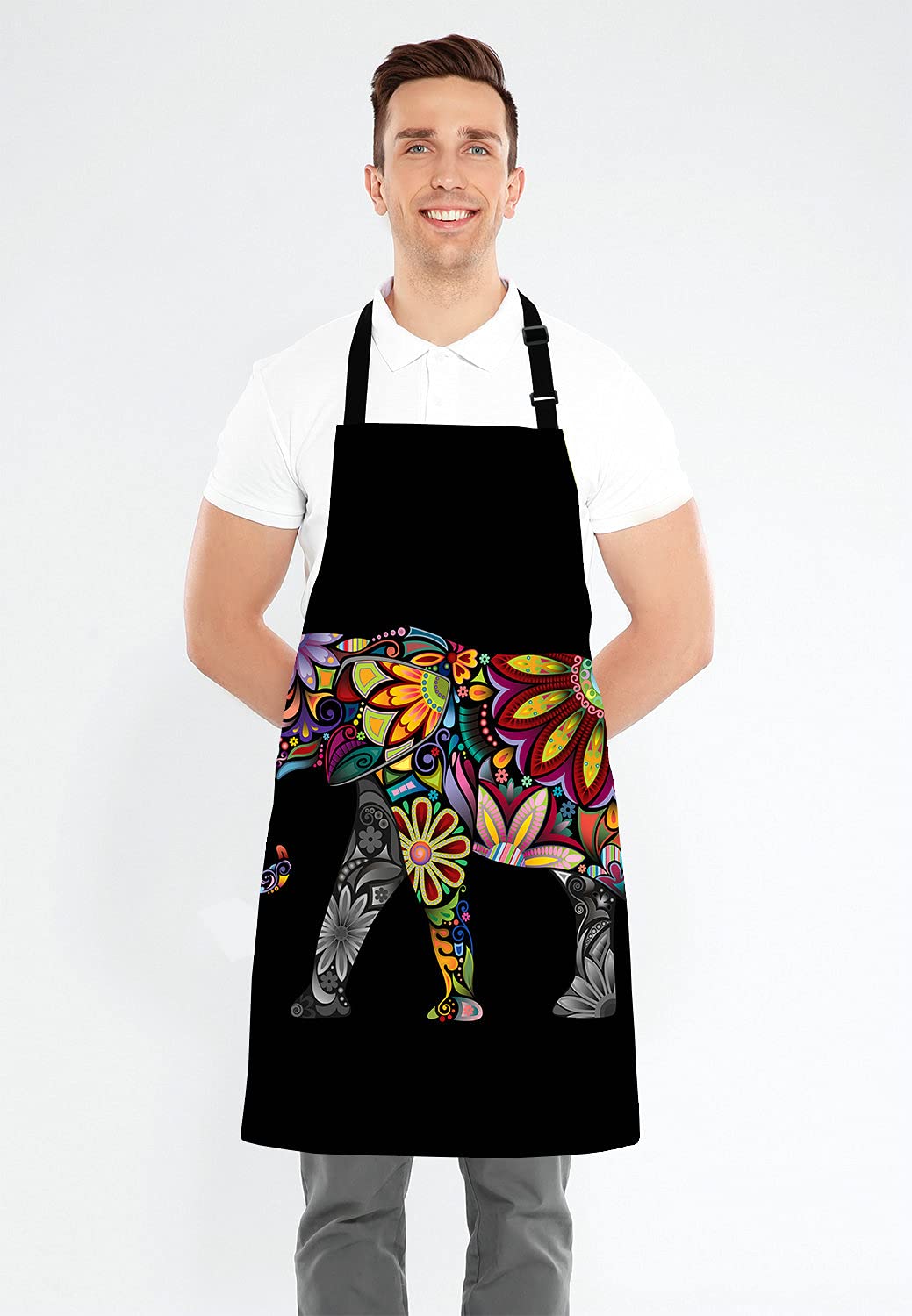 Funny Apron For Women And Men,Mandala Floral Elephant Adjustable Kitchen Chef Apron For Cooking Baking - Cute Birthday, Annivers